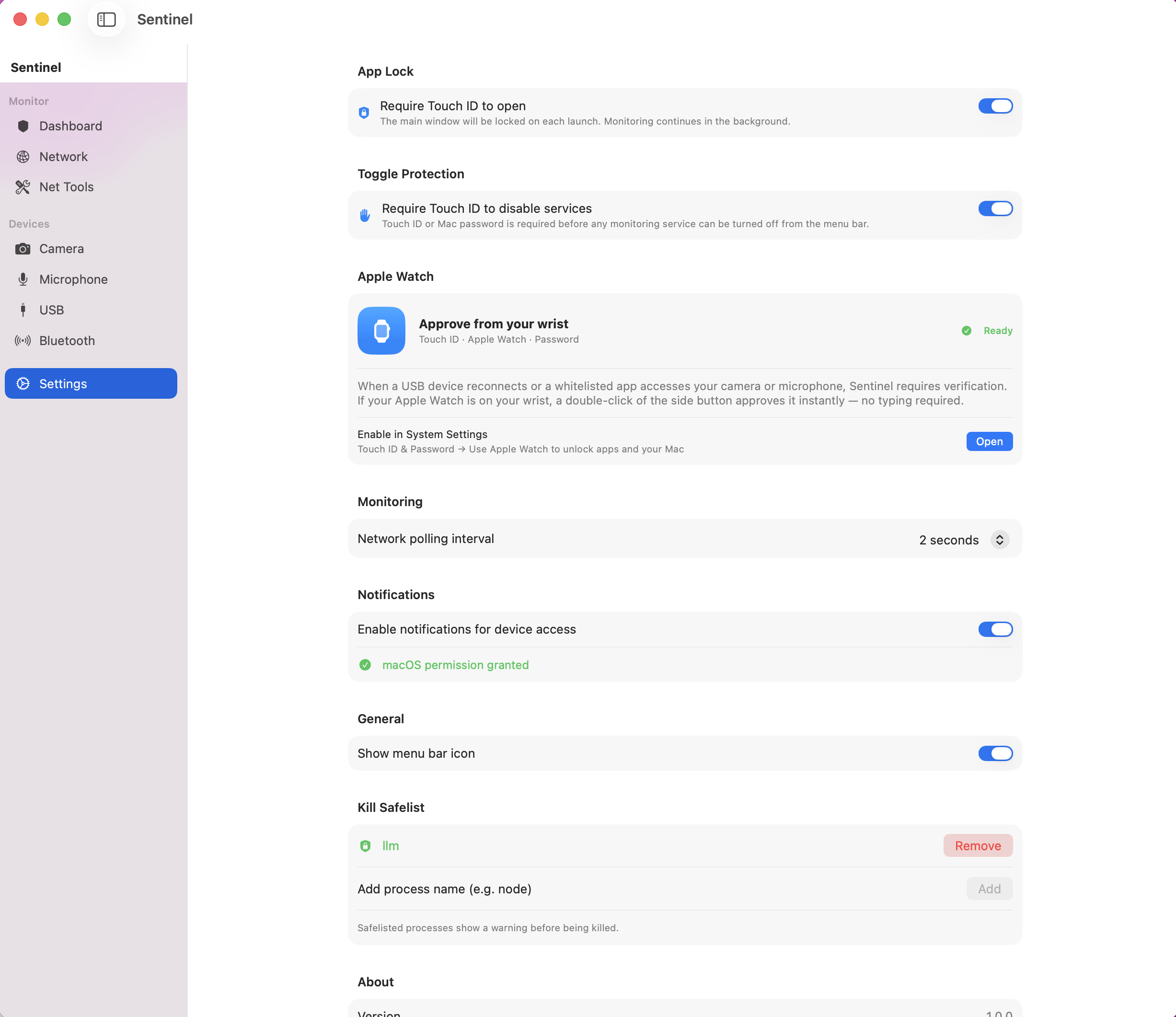 Apple Watch settings in Sentinel